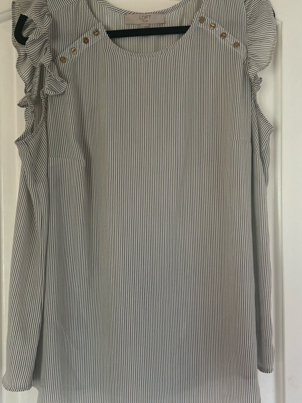 LOFT Black & White Pinstripe Ruffle-Shoulder Shell with Gold Buttons